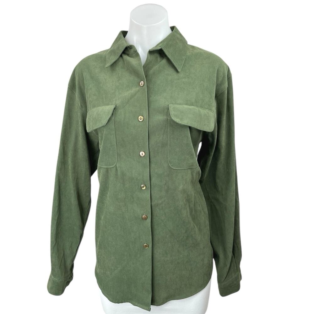 Liz Thomas Women's Green Faux Suede Long Sleeve Collar Button Down Shirt Top L